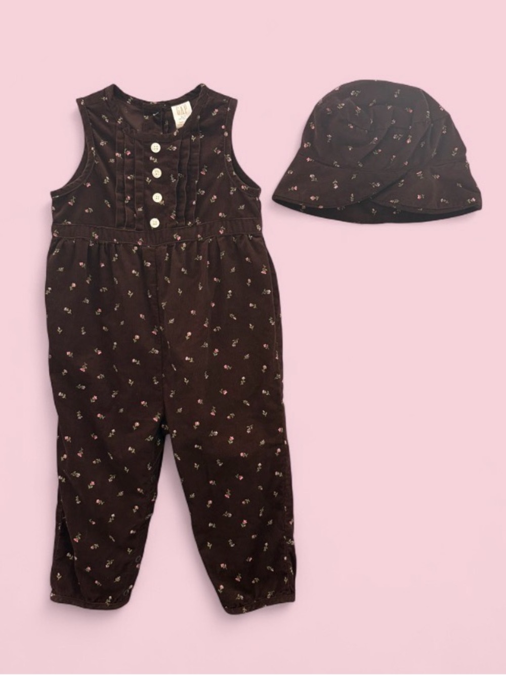 Vintage Baby Gap Brown Floral Corduroy Romper Jumpsuit Hat Set Y2K Sz 24-30M